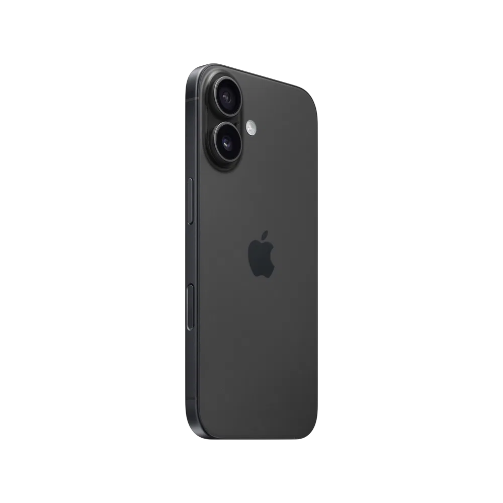 Siyah Apple iPhone 16 akıllı telefonun arka yüzü, çift kamera ve Apple logosu yakın plan görünüm
