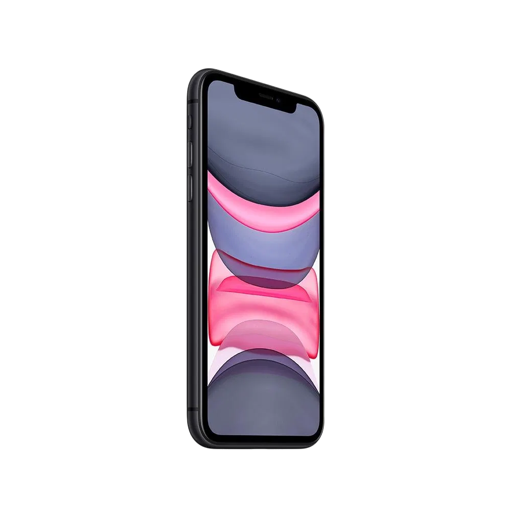 Apple iPhone 11 siyah akıllı telefon, ön yüz ve çentikli ekran tasarımıyla açılı görünüm