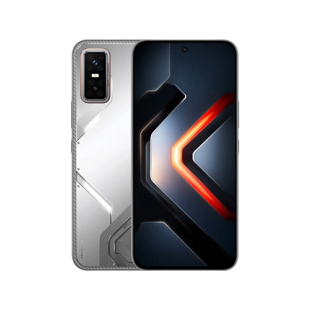 Infinix GT 30 Pro gri akıllı telefonun ön ve arka görünümü, geniş ekran ve çift kamera modülüyle