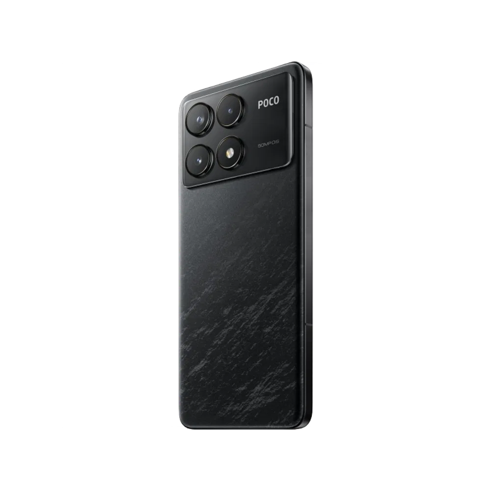 Siyah Poco F6 Pro akıllı telefonun arka yüzeyi ve büyük çoklu kamera modülü açılı görünümde