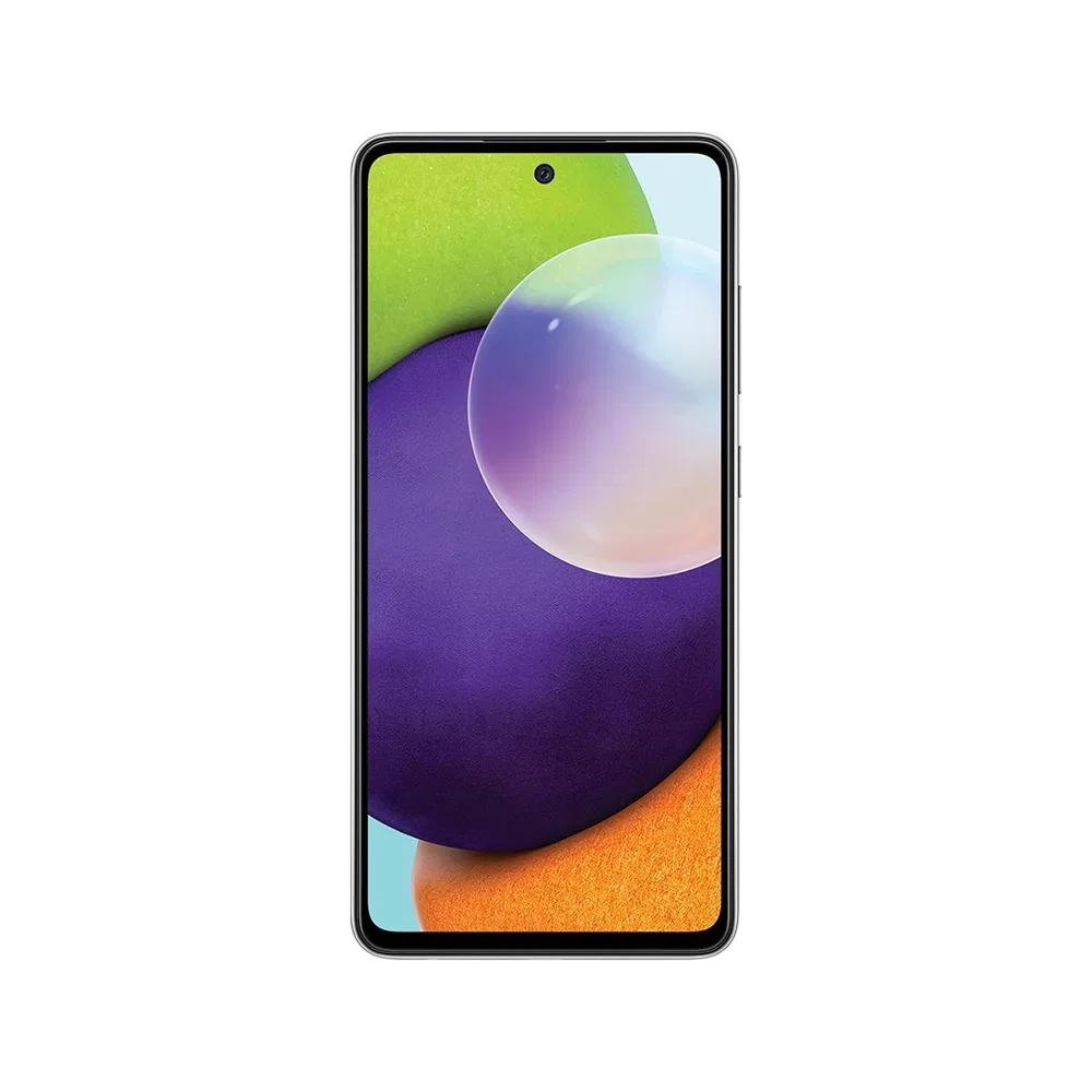 Samsung Galaxy A52 siyah akıllı telefonun önden görünümü, tam ekran ve merkezde ön kamera deliği
