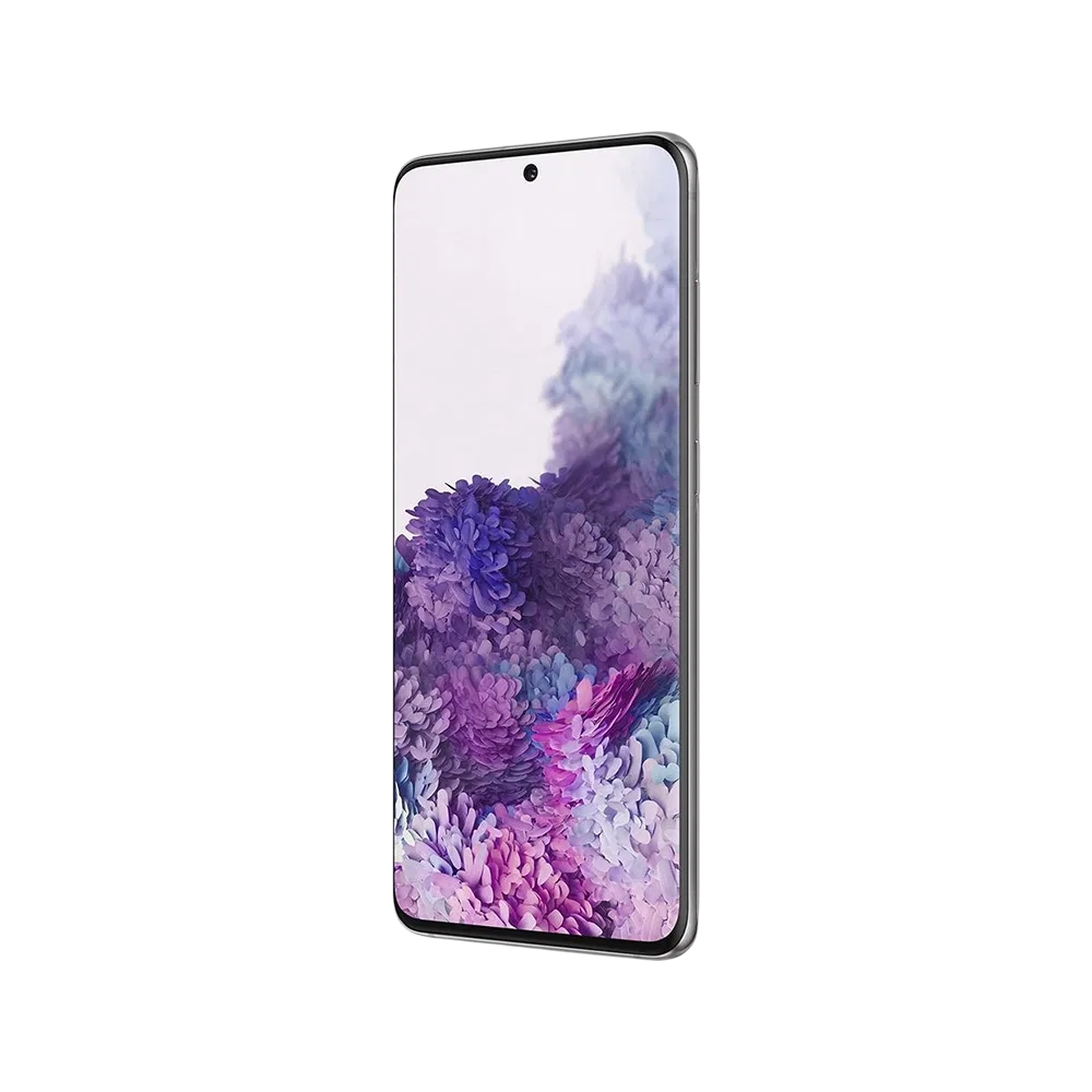 Samsung Galaxy S20 gri akıllı telefon, önden görünüm, tam ekran ve delikli ön kamera tasarımı