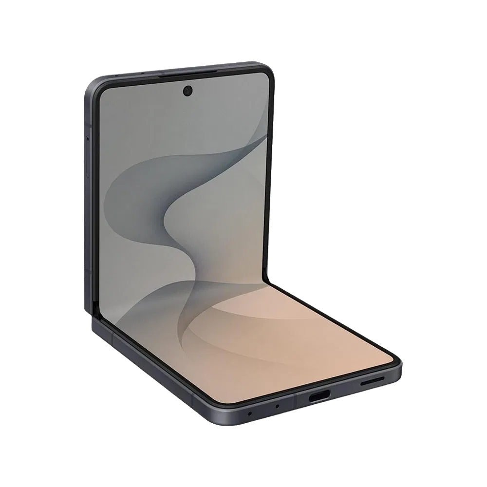 Samsung Galaxy Z Flip8 gri katlanır akıllı telefon, açık formda ön ekran görünümü.