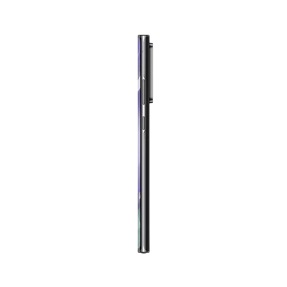 Samsung Galaxy Note 20 Ultra siyah akıllı telefonun yan profilden görünümü, ince gövde ve kamera çıkıntısı