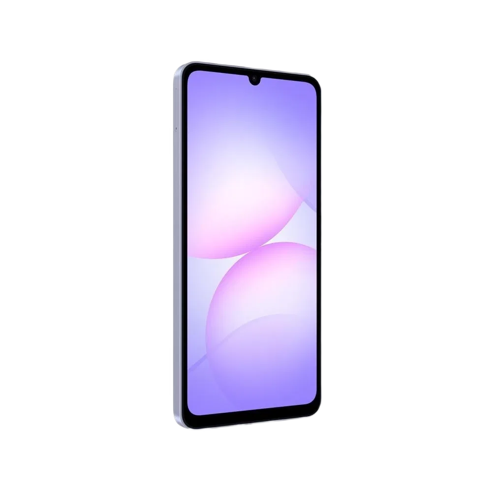 Mor Samsung Galaxy A07 akıllı telefonun önden görünümü, geniş ekran ve damla çentik tasarımı