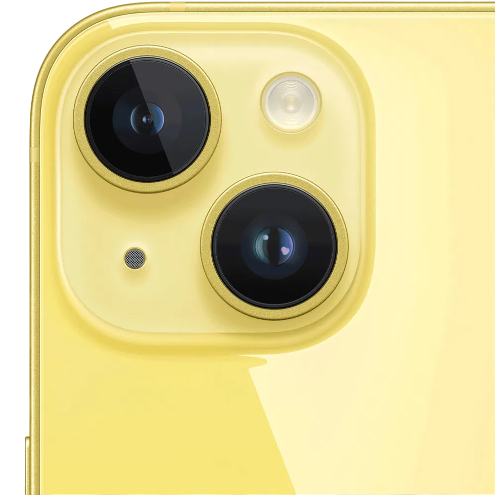 Sarı Apple iPhone 14 akıllı telefonun arka kamera modülü ve flaşının yakın plan detayı