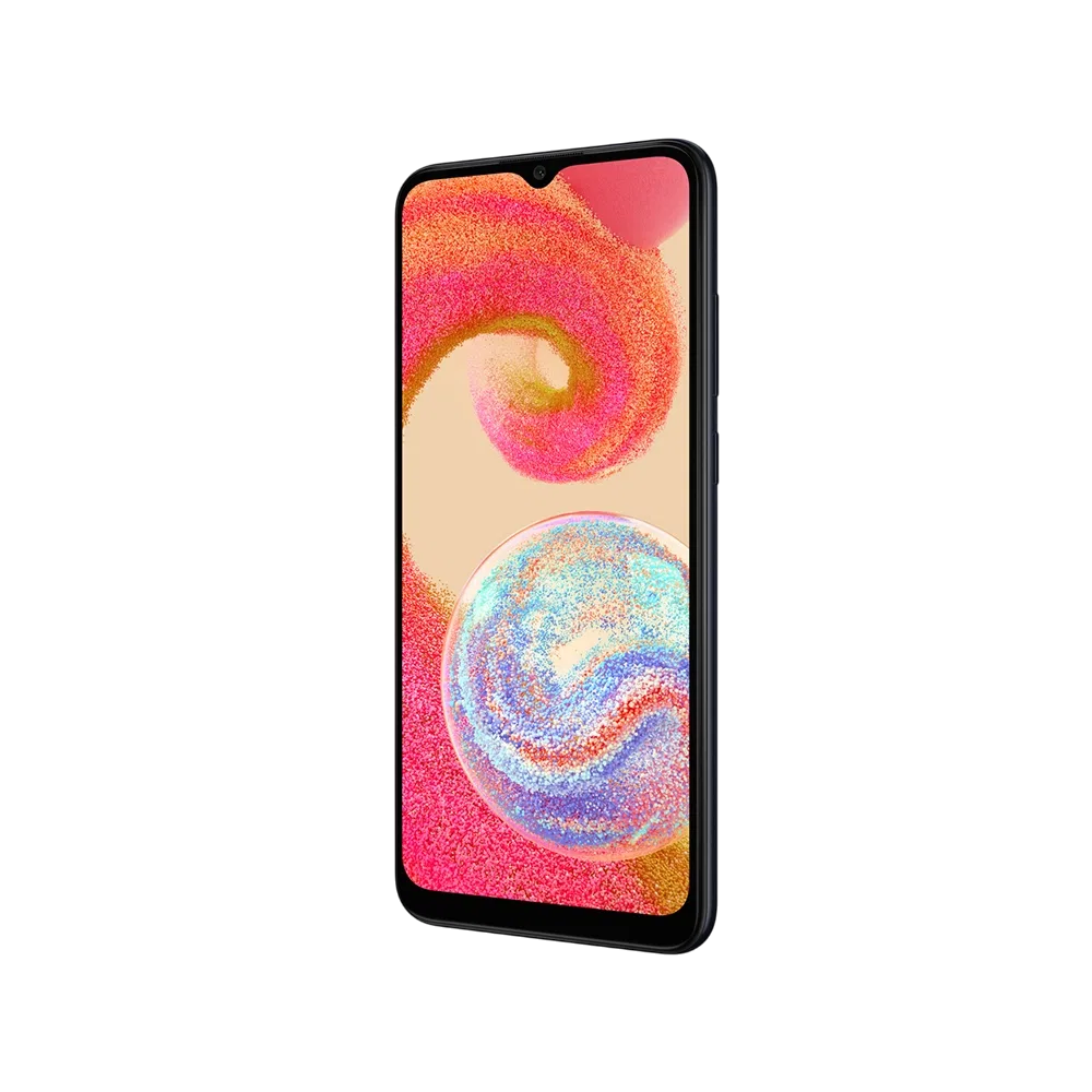 Samsung Galaxy A04e siyah akıllı telefon, ön yüz ekran ve ince çerçeve tasarımıyla önden görünüm