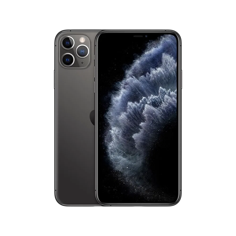 Siyah Apple iPhone 11 Pro Max akıllı telefon, önden ekran ve arkadan üçlü kamera tasarımıyla görünüm
