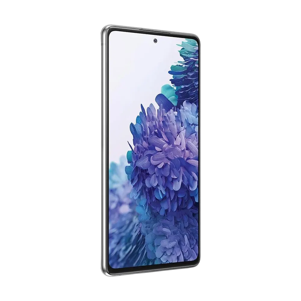 Beyaz Samsung Galaxy S20 FE akıllı telefon, önden görünüm; ince çerçeveli ekran ve kamera deliği detayı