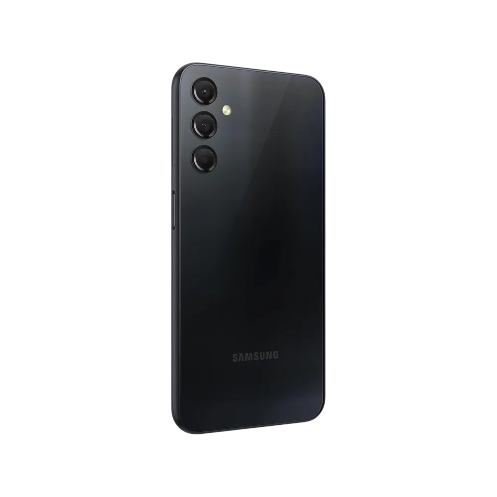 Samsung Galaxy A24 siyah akıllı telefon, arka yüzey ve üçlü kamera tasarımıyla yandan görünüm