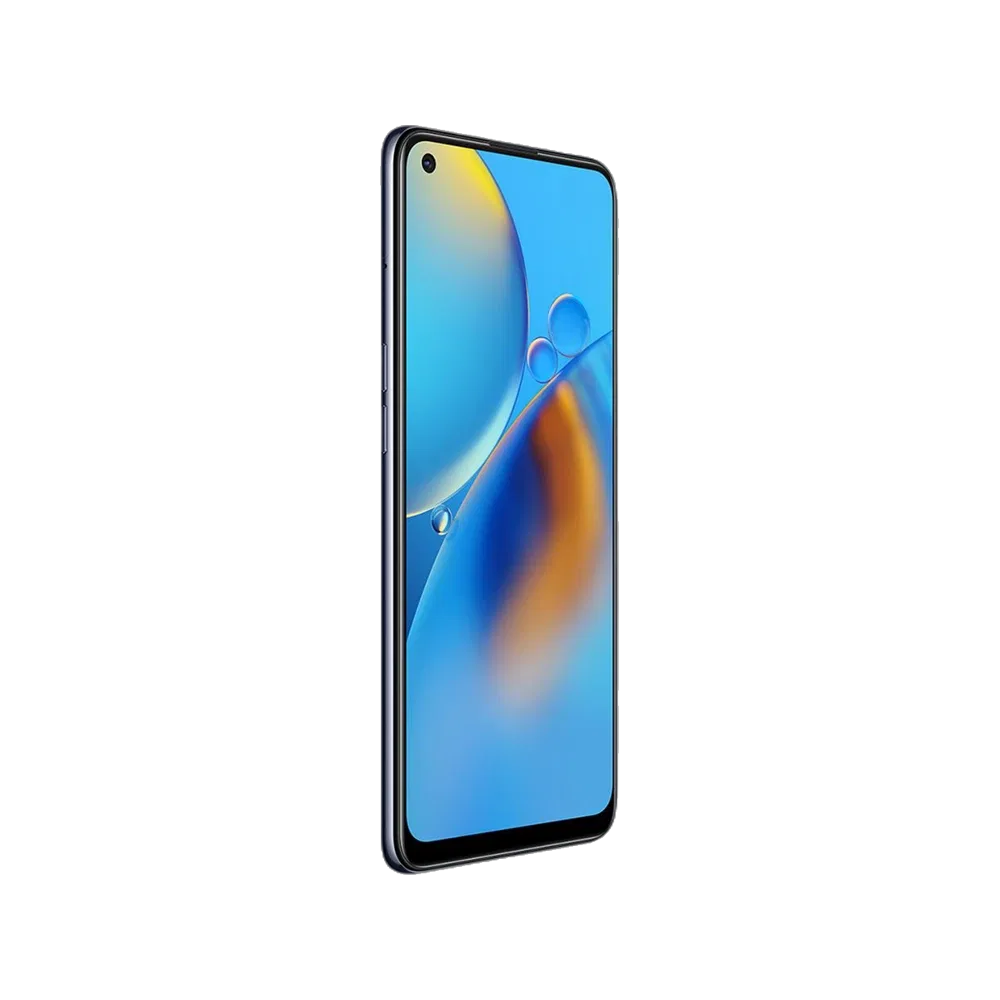 Mavi Oppo A74 akıllı telefon, ekranı ve ince yan çerçevesi görünen tasarımıyla siyah fonda sergileniyor