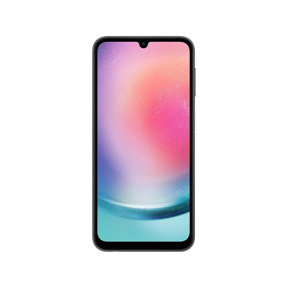 Samsung Galaxy A24 siyah akıllı telefon, önden görünümde ince çerçeveli tam ekran tasarım