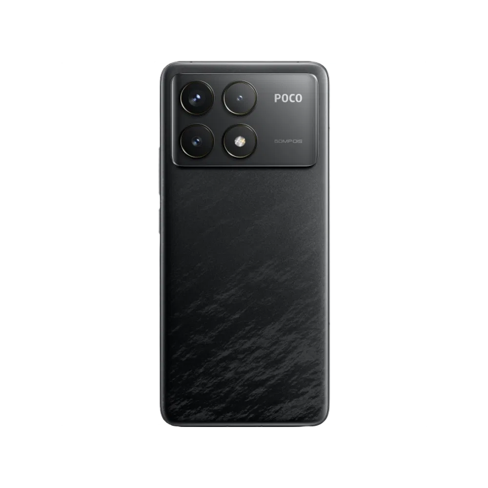 Siyah Poco F6 Pro akıllı telefonun arka yüzeyi, büyük kamera modülü ve mat dokulu tasarımıyla önden görünüm