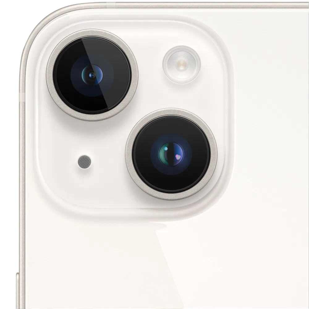 Beyaz Apple iPhone 14 Plus akıllı telefonun arka kamera modülü yakın plan, çift lens ve flaş detaylı