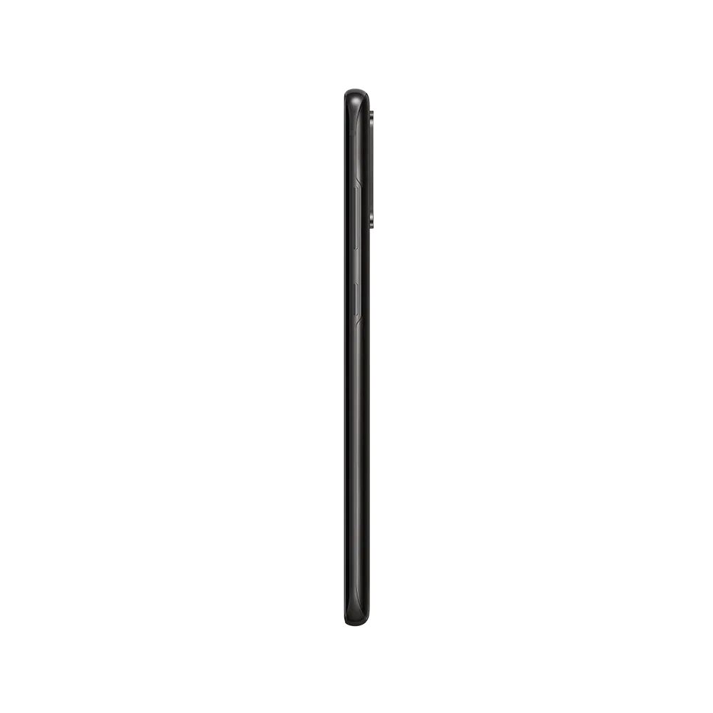 Siyah Samsung Galaxy S20 Plus akıllı telefonun yan profili, ince çerçeve ve kamera çıkıntısı görünümü