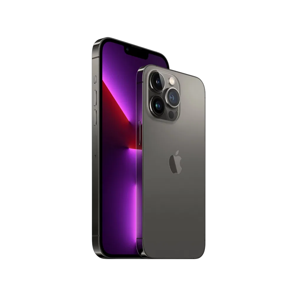 Apple iPhone 13 Pro siyah akıllı telefon, önden ekran ve arkadan üçlü kamera modülüyle görünüyor