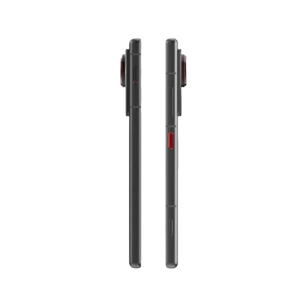 Siyah ZTE Nubia Z80 Ultra akıllı telefonun ince yan profili ve kırmızı detaylı tuş tasarımı