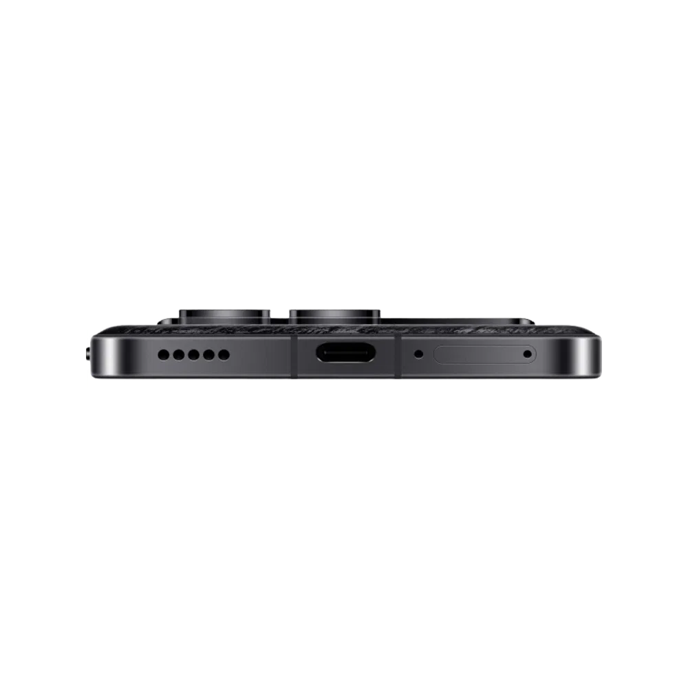 Siyah Poco F6 Pro akıllı telefonun alt kenar görünümü, USB-C girişi, hoparlör ve SIM yuvası detayı