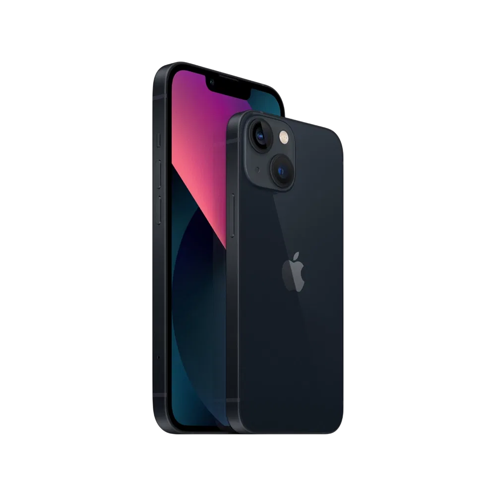 Siyah Apple iPhone 13 Mini akıllı telefon, ön ekran ve çift arka kamera tasarımıyla çapraz açıdan görünüm