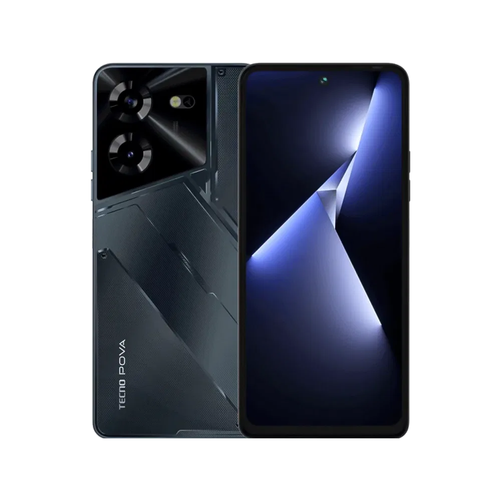 Siyah Tecno Pova 5 akıllı telefon, ön ekran ve arka kamera tasarımıyla vitrinde çift açı görünüm
