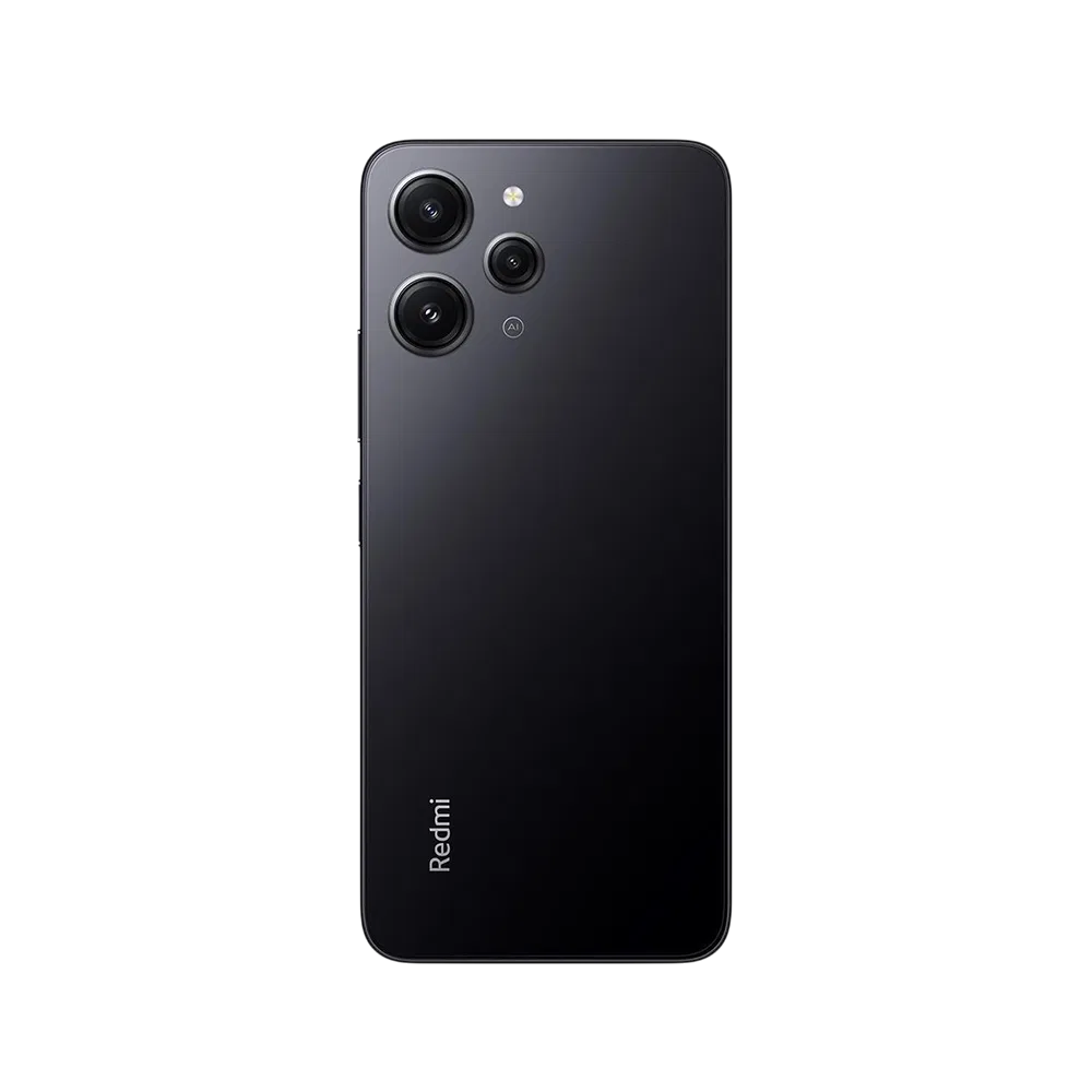 Xiaomi Redmi 12 siyah akıllı telefonun arka yüzü, üçlü kamera modülü ve Redmi logosu görünümü