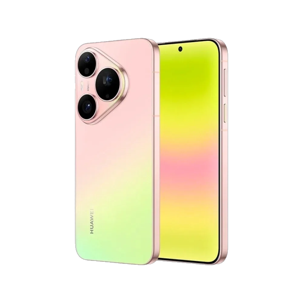 Huawei Pura 90s Pro pembe akıllı telefon, çift kamera modülü ve renkli arka panel görünümüyle önden arka kombini