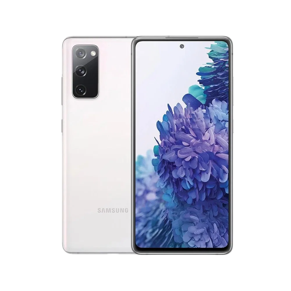 Beyaz Samsung Galaxy S20 FE akıllı telefon, ön ekran ve üçlü arka kamera modülüyle önden ve arkadan görünüm