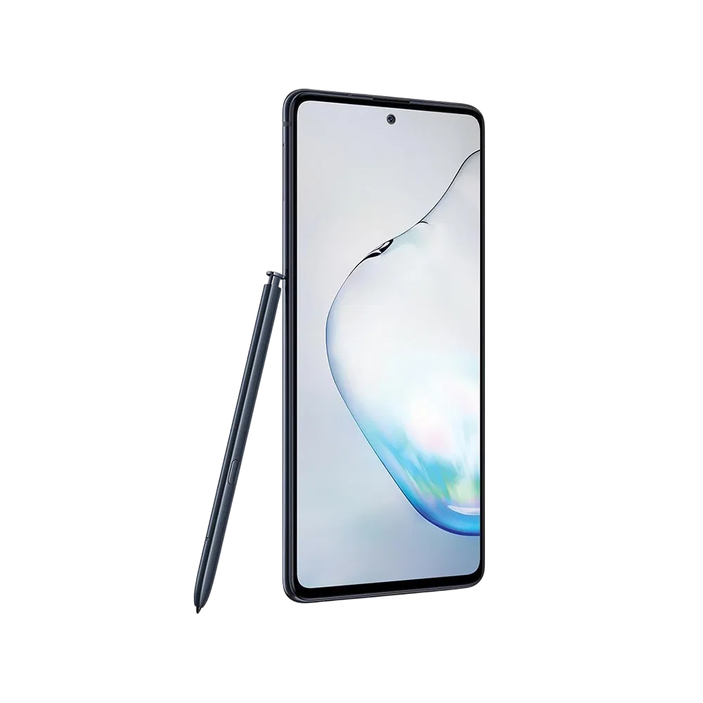 Samsung Galaxy Note 10 Lite siyah akıllı telefon, önden ekran görünümü ve yanında S Pen kalemle birlikte
