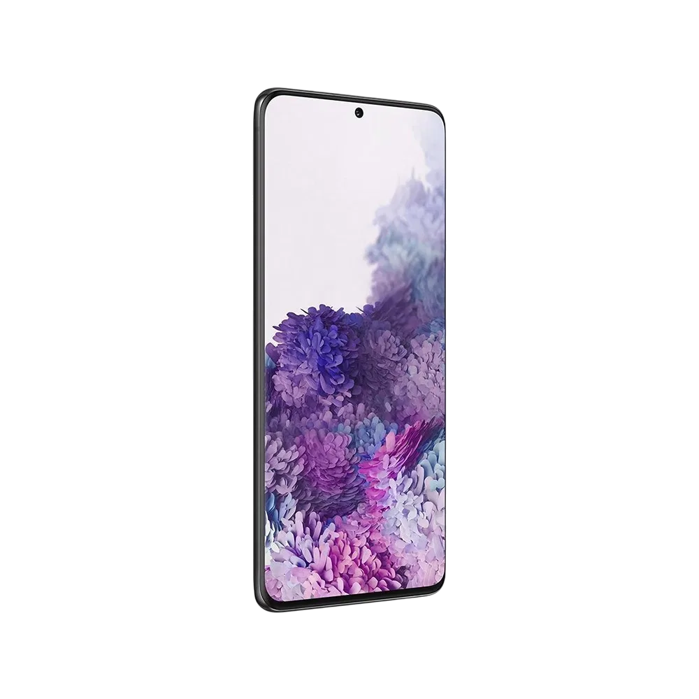 Samsung Galaxy S20 Plus siyah akıllı telefon, ince çerçeveli ekran ve ön kamera detayıyla önden görünüm