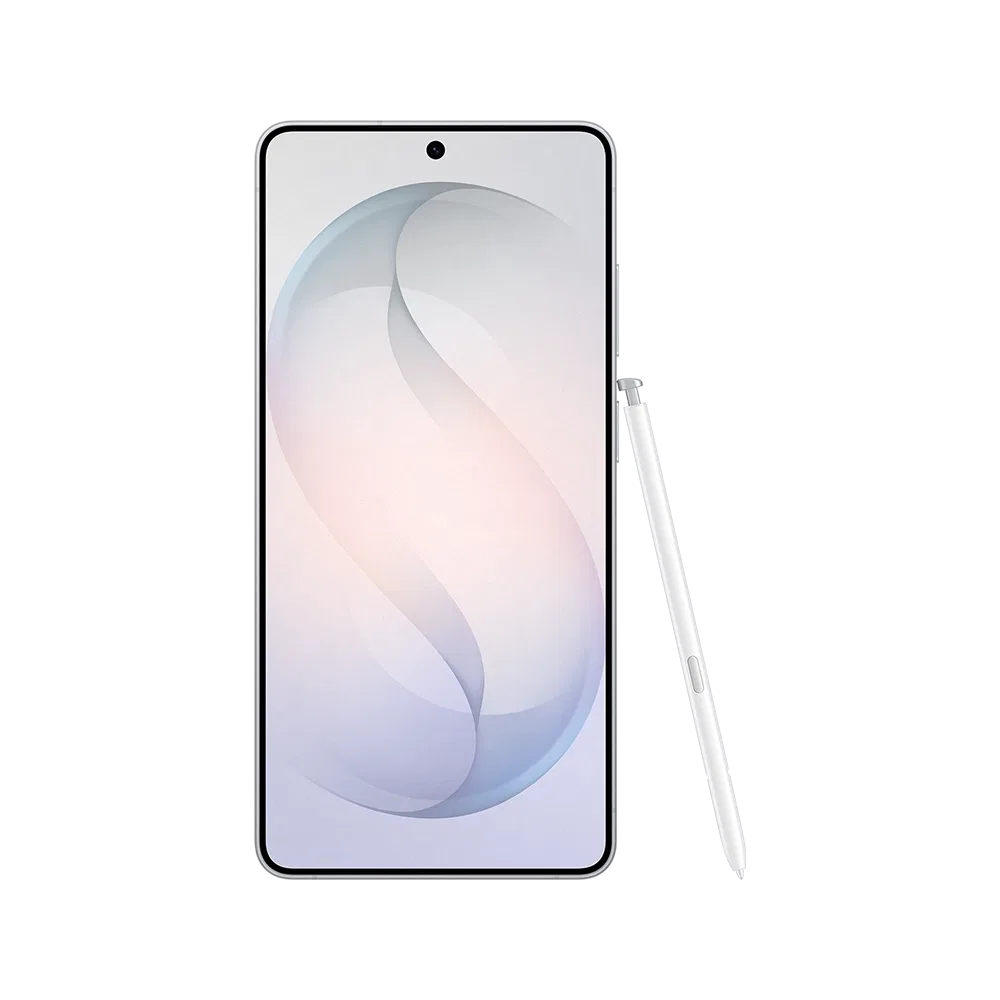 Beyaz Samsung Galaxy S26 Ultra akıllı telefon, önden görünüm ve yanında beyaz S Pen kalemle birlikte