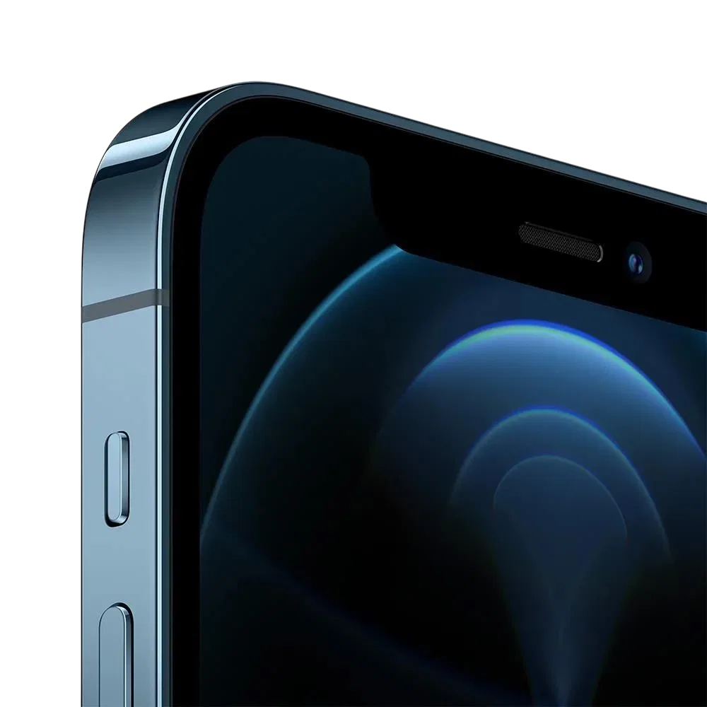 Apple iPhone 12 Pro mavi akıllı telefonun üst köşe yakın planı, ekran ve yan tuş detayları