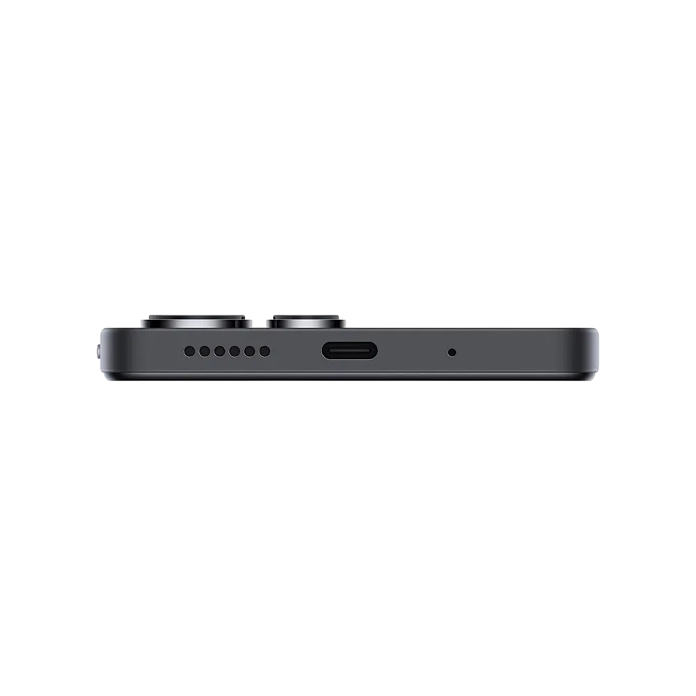 Xiaomi Redmi 12 siyah akıllı telefonun alt kenarı; USB-C şarj girişi ve hoparlör ızgarası detayı