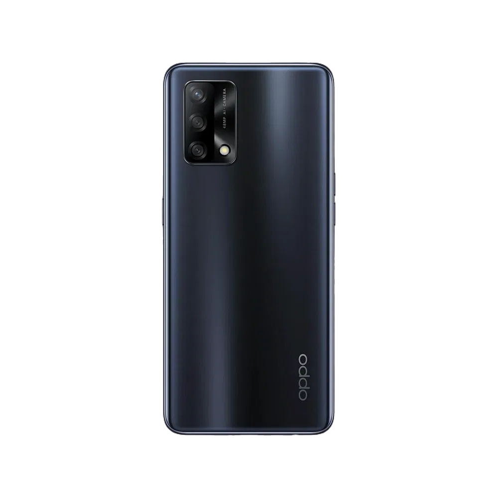 Oppo A74 mavi akıllı telefonun parlak arka yüzeyi ve üçlü kamera modülü
