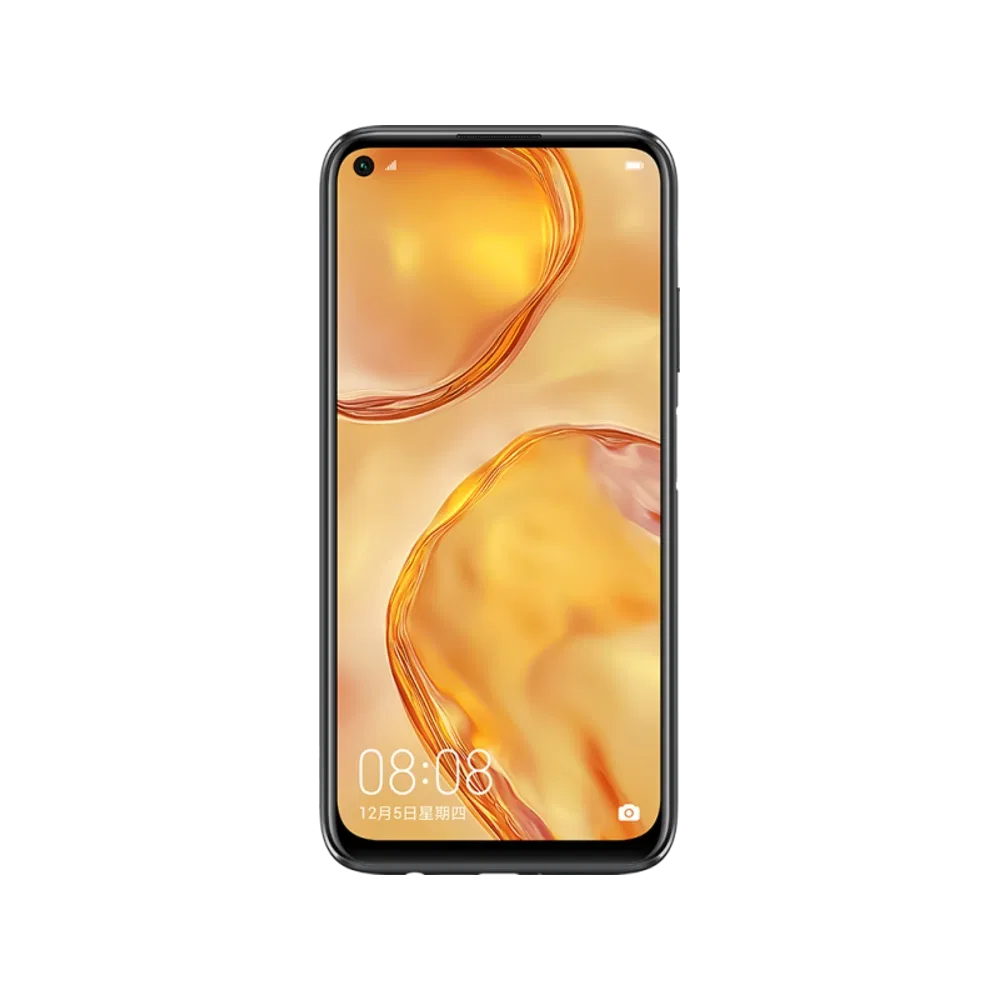Huawei P40 Lite siyah telefon, ön yüzünde çerçevesiz ekran ve turuncu duvar kâğıdıyla dikey konumda duruyor
