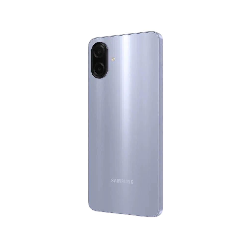 Mor Samsung Galaxy A07 akıllı telefonun arka yüzü, çift kamera ve flaş detaylı tasarım görünümü