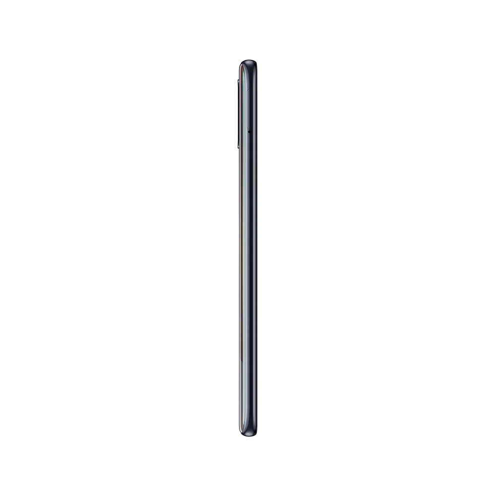 Siyah Samsung Galaxy A51 akıllı telefonun yan profilden görünümü, ince çerçeve ve yan tuş detayları