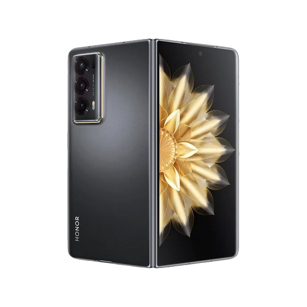 Honor Magic V2 siyah katlanabilir akıllı telefon, açık halde ön ve arka yüzüyle sergileniyor