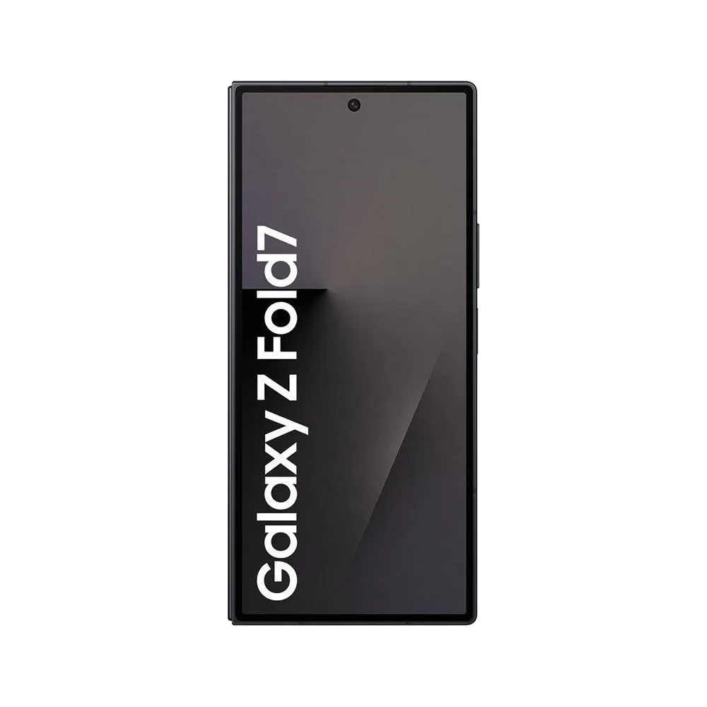 Samsung Galaxy Z Fold7 siyah akıllı telefonun önden görünümü, ince çerçeveli ekran tasarımı