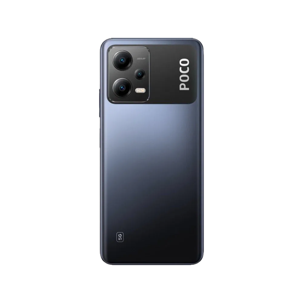 Siyah Poco X5 5G akıllı telefonun arka yüzü, geniş kamera modülü ve sade tasarımıyla önden görünüm