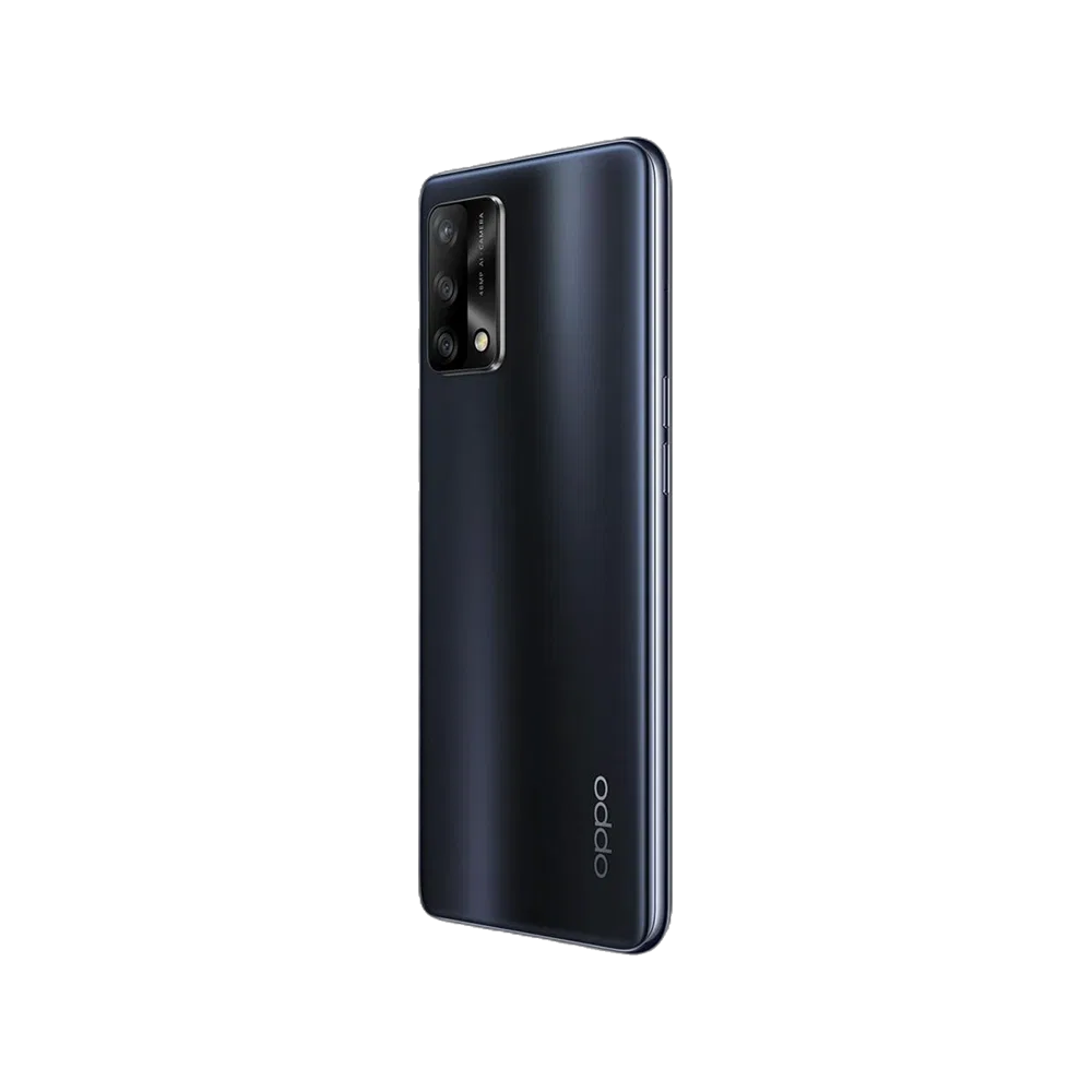 Oppo A74 mavi akıllı telefonun arka yüzü, kamera modülü ve parlak ince tasarımıyla görünür.