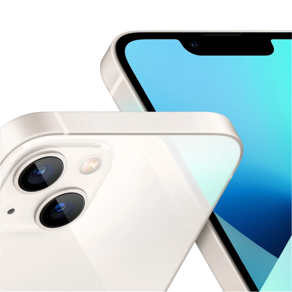 Apple iPhone 13 beyaz akıllı telefon, çift arka kamera ve çentikli ekran detaylı yakın plan görünüm