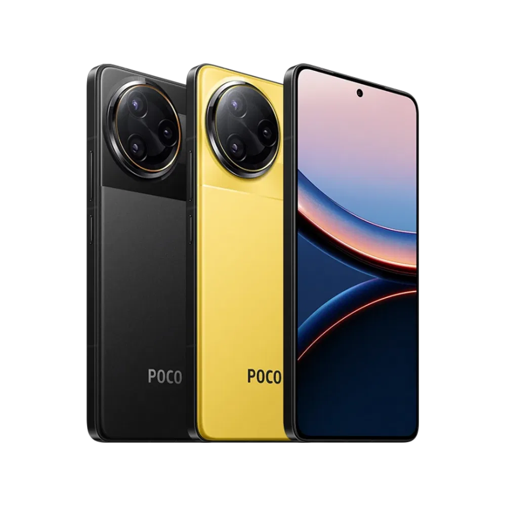 Sarı Poco F7 Ultra akıllı telefon, ön ekran ve büyük dairesel kamera modüllü arka tasarımıyla