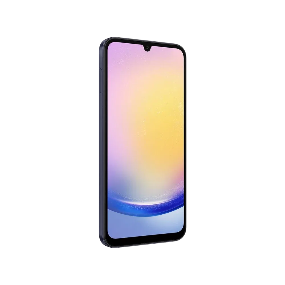 Samsung Galaxy A25 siyah akıllı telefonun önden görünümü, geniş ekran ve damla çentikli tasarım