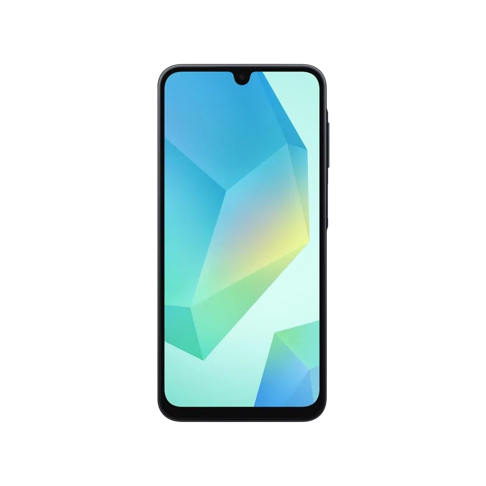 Samsung Galaxy A16 siyah akıllı telefon, önden görünüm, ince çerçeve ve damla çentikli ekran tasarımı