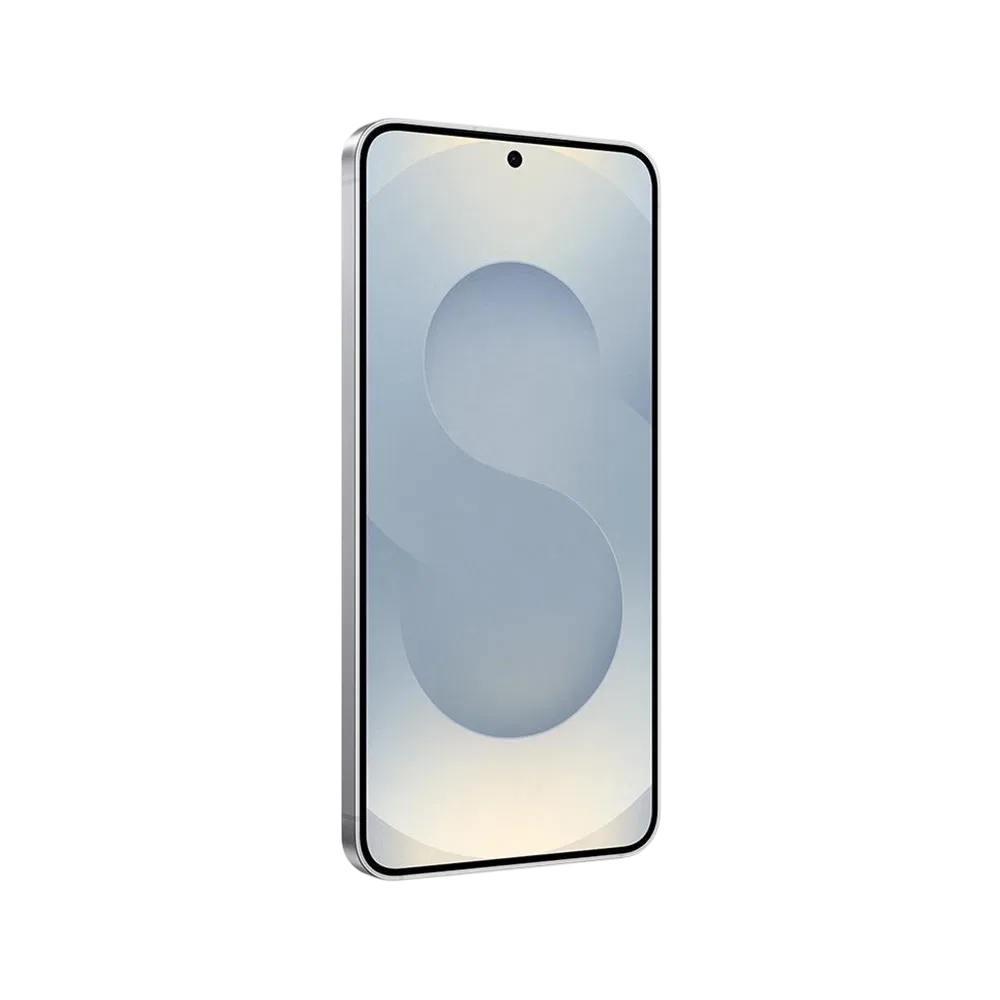 Gümüş Samsung Galaxy S25 akıllı telefon, önden görünüm; ince çerçeveli ekran ve ortada ön kamera deliği