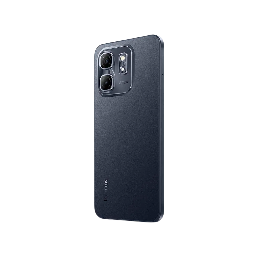 Siyah Infinix Hot 50i akıllı telefonun arka yüzü, çift kamera modülü ve flaş detayıyla görünüm