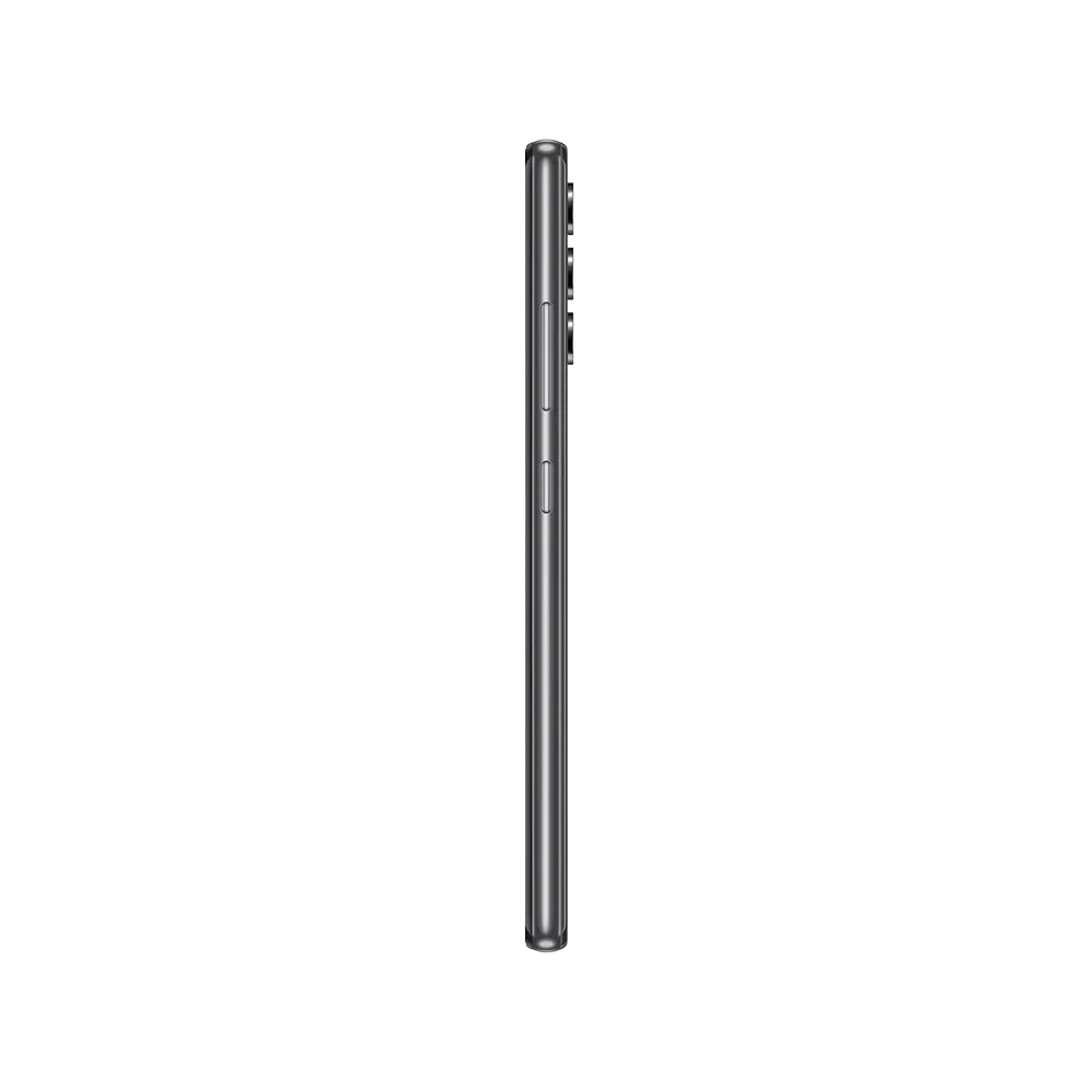 Samsung Galaxy A32 siyah akıllı telefonun yandan görünümü, ince gövde ve tuş detaylarıyla