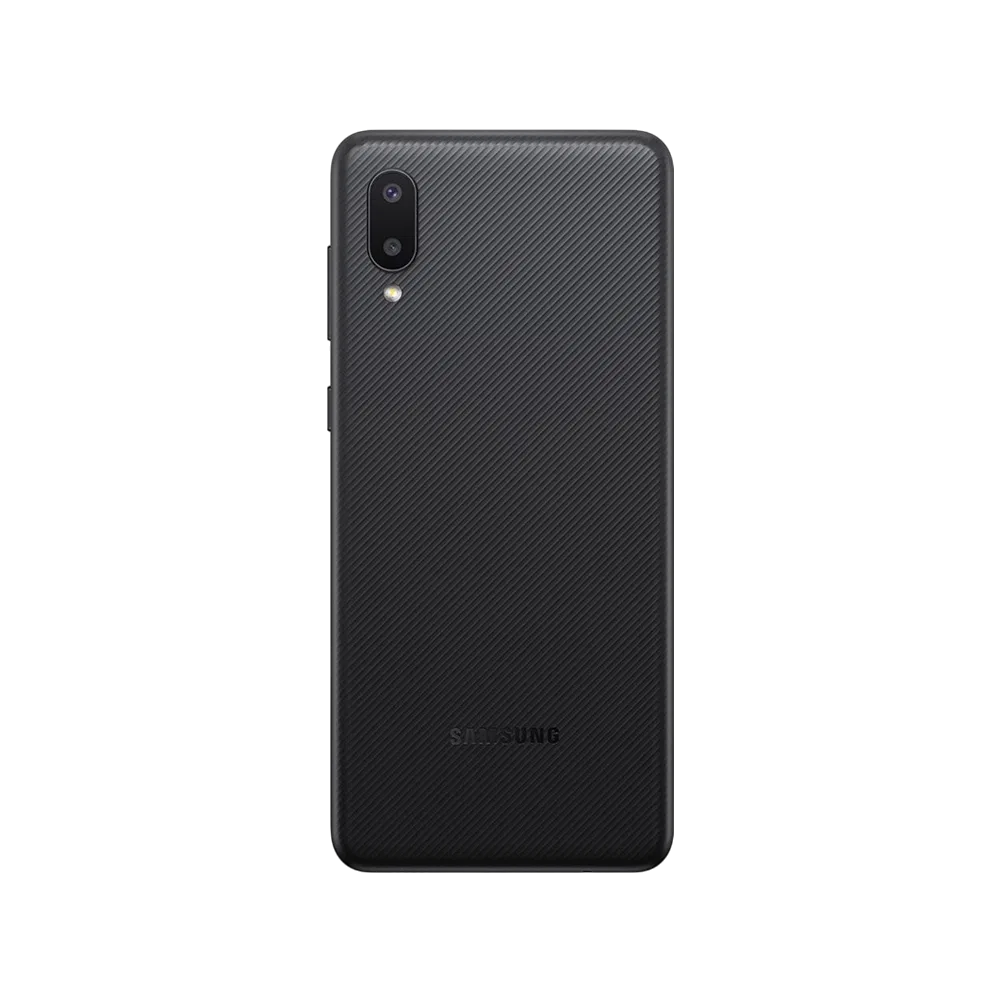 Samsung Galaxy A02 siyah akıllı telefonun arka görünümü, çift kamera ve dokulu arka kapak detaylı
