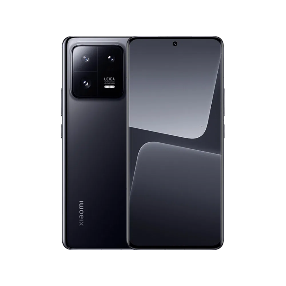 Siyah Xiaomi 13 Pro akıllı telefonun ön ve arka yüzü, Leica üçlü kamera sistemiyle birlikte.