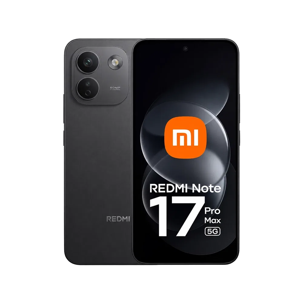 Xiaomi Redmi Note 17 Pro Max siyah akıllı telefon; arka kamera modülü ve ön ekran üzerinde 17 Pro Max 5G yazısı.